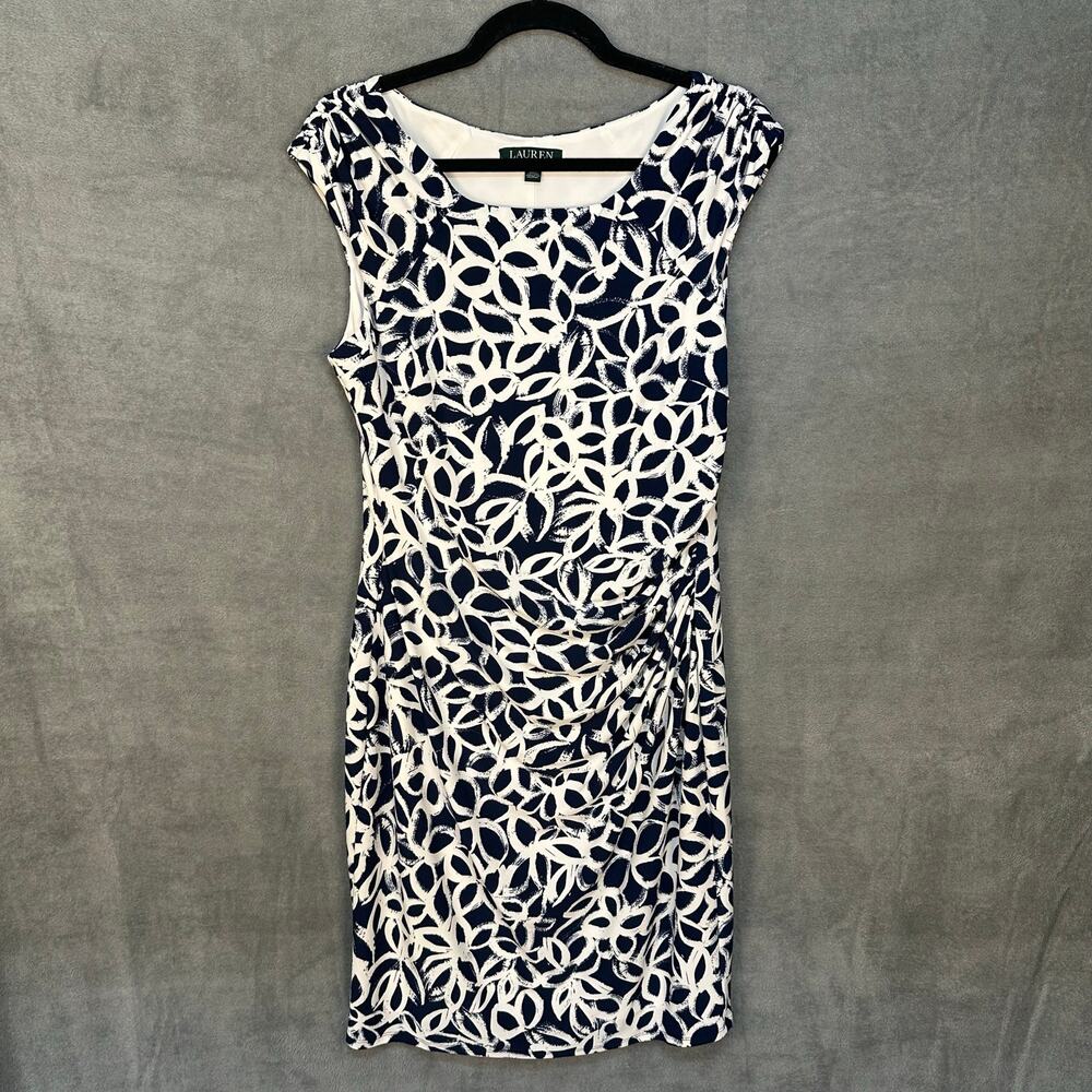 Lauren Ralph Lauren Dress Womens 14 Blue Floral Sleeveless Ruched Career Church